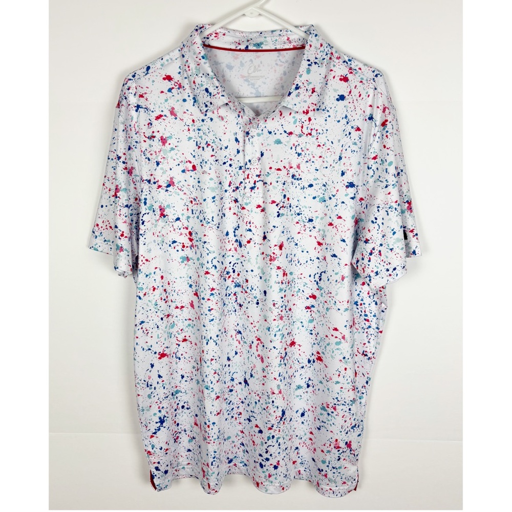 Obla Performance Golf Polo Shirt Mens Large White Red Blue Paint Splatter